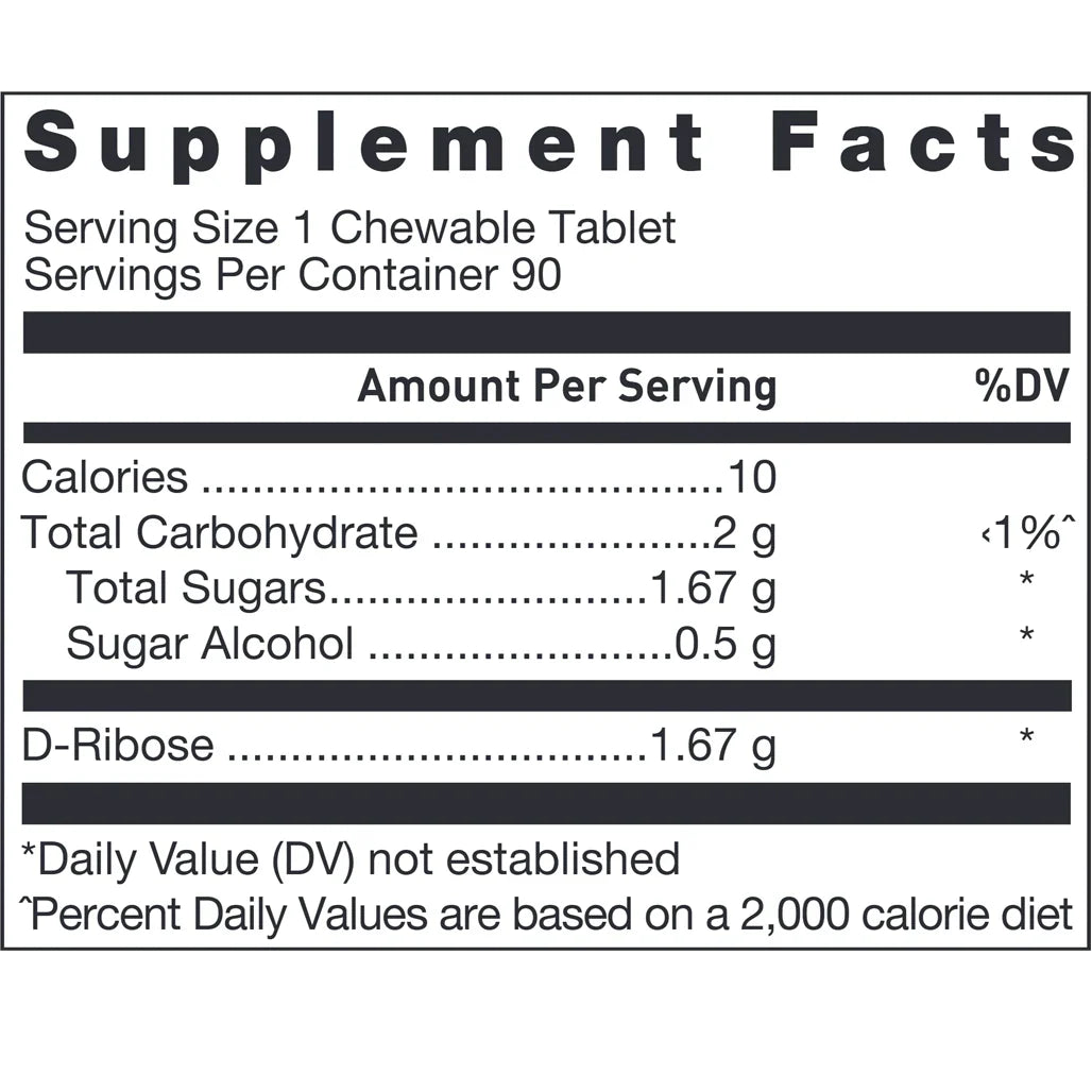 Klean Endurance Nutrition Facts Showing D‑Ribose Chewable Supplement Ingredients and ATP Energy Production Support