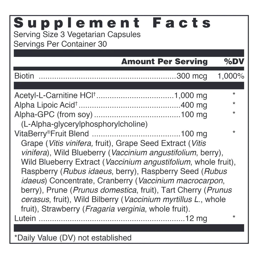 Klean Focus Nutrition Facts Label Showing Acetyl‑L‑Carnitine Alpha Lipoic Acid Alpha‑GPC VitaBerry Fruit Blend and Biotin Ingredient Details