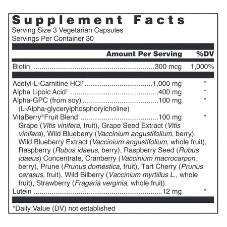 Klean Focus Nutrition Facts Label Showing Acetyl‑L‑Carnitine Alpha Lipoic Acid Alpha‑GPC VitaBerry Fruit Blend and Biotin Ingredient Details