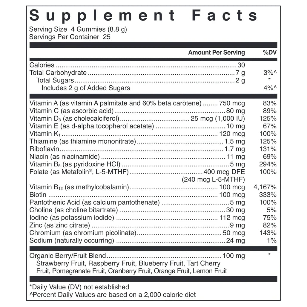 Klean Gummy Multivitamin Nutrition Facts Label Showing Vitamin A C D E B Complex Zinc Iodine and Organic Fruit Blend Ingredients