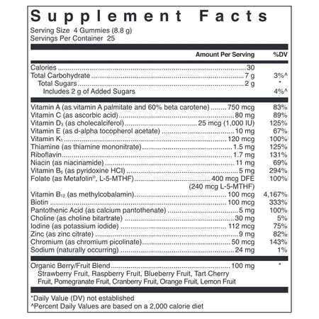 Klean Gummy Multivitamin Nutrition Facts Label Showing Vitamin A C D E B Complex Zinc Iodine and Organic Fruit Blend Ingredients