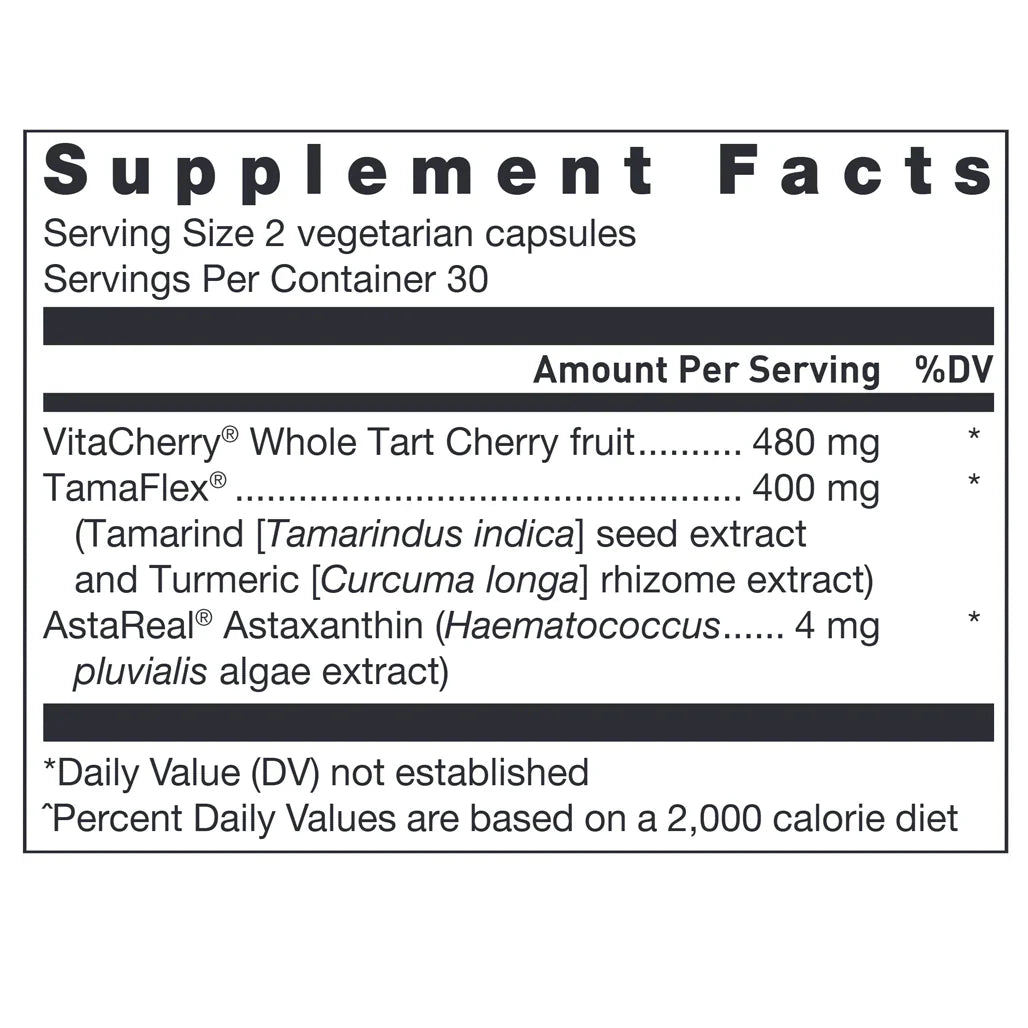 Klean Joint Muscle Nutrition Facts Label Showing VitaCherry Whole Tart Cherry TamaFlex Tamarind Seed Turmeric Root and Astaxanthin Ingredients