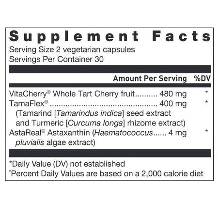 Klean Joint Muscle Nutrition Facts Label Showing VitaCherry Whole Tart Cherry TamaFlex Tamarind Seed Turmeric Root and Astaxanthin Ingredients