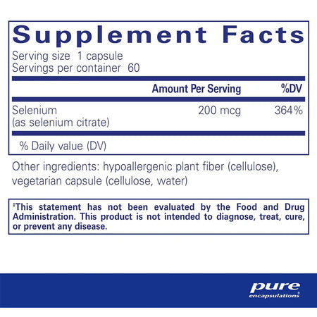 Pure Encapsulations Selenium citrate 200mcg supplements facts