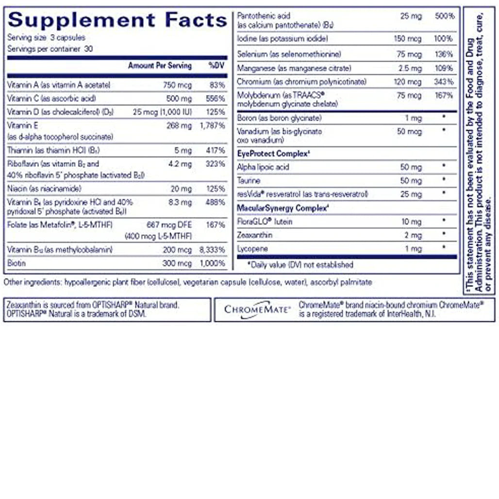 Pure Encapsulations VisionPro Nutrients without zinc supplement ingredients