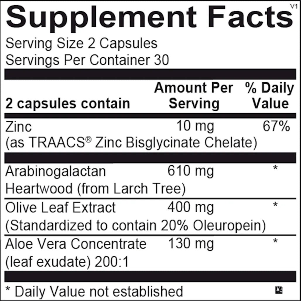 NK-Stim supplement facts and ingredients label showing zinc, arabinogalactan, olive leaf extract, and aloe vera extract per serving
